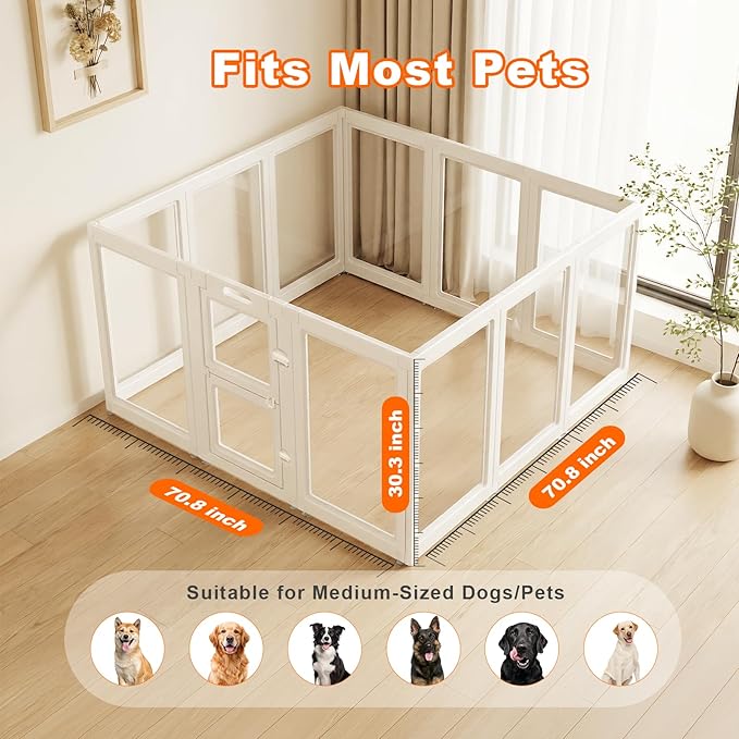 Acrylic Dog Playpen,Clear Plastic Dog Play Pen Indoors,Easy Assemble Dog Playpen-Puppy Playpen,Rabbit and Cat, Small Pet Pen, Dog Pen Indoor (White, 30.3" H, 12PCS)