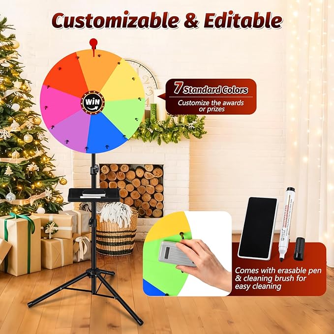 GADFISH Spinning Prize Wheel, Ajustable 37"-65" Height Spin Doodle Game Spinner, Storable Prize Wheel Spinner with Stand, Wheel of Fortune Game, 14 Slots (18")