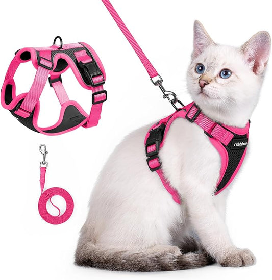 rabbitgoo Cat Harness and Leash Set, Escape Proof Soft Adjustable Vest Harnesses for Outdoor Walking, Easy Control Breathable Kitten Jacket with Reflective Strips, Black & Rose Pink, XXS