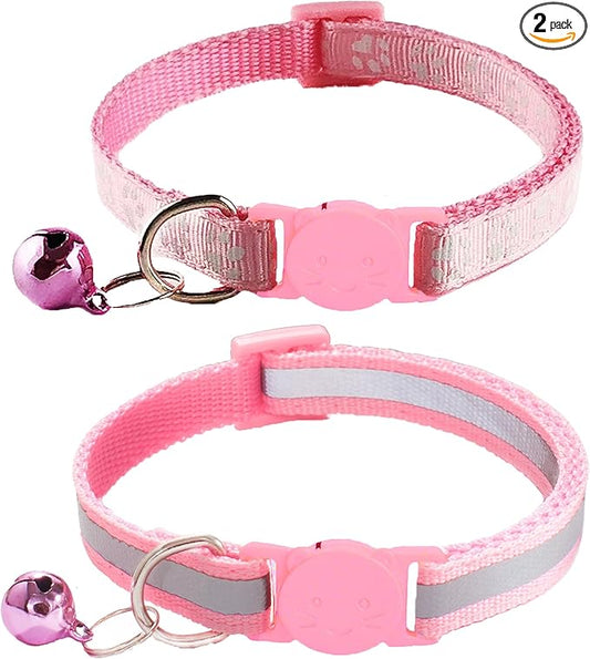 2 Pack Breakaway Cat Collars with Bells, Reflective Design and Claw Print Design, Safety Buckle, Adjustable 7.5-12.5 Inches for Kittens & Cats (Pink)
