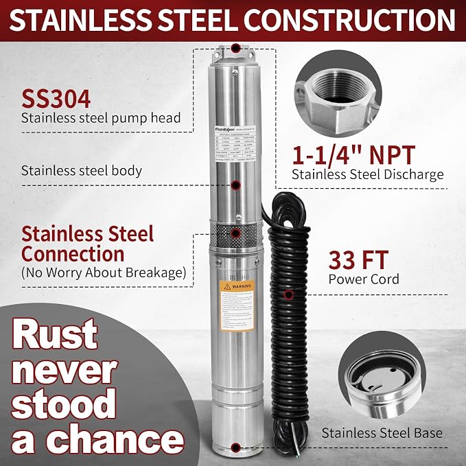 1HP Deep Well Submersible Pump 115V/60Hz, 34GPM, 196ft Head, with 33ft Cable, Stainless Steel Water Well Pump for 4'' Deep Well, Industrial, Irrigation and Home Use Submersible Well Pumps