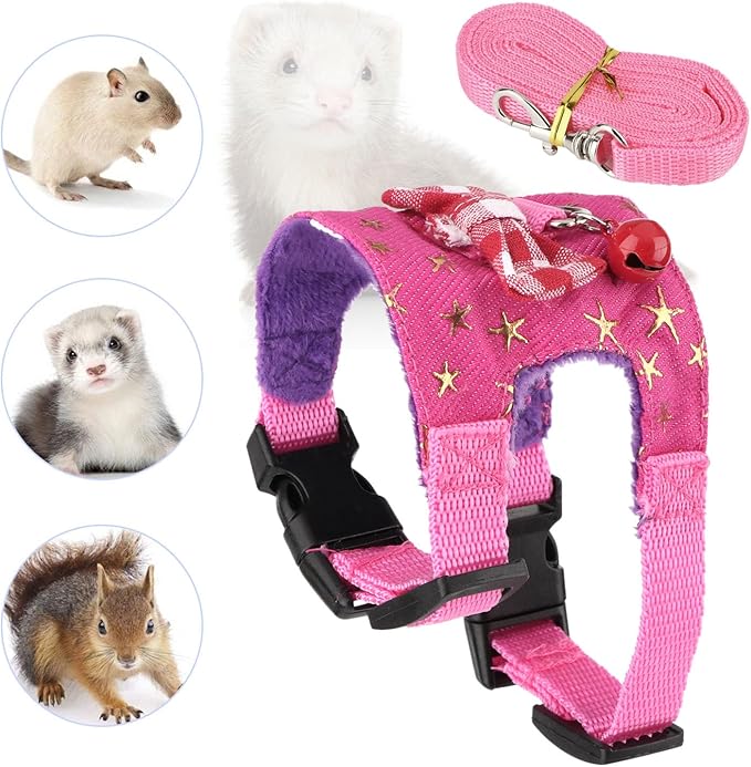 Wontee Small Pet Harness Vest and Leash Set with Bowknot and Bell Decor for Gerbil Guinea Pig Squirrel Kitten Outdoor Walking (S, Pink Star)