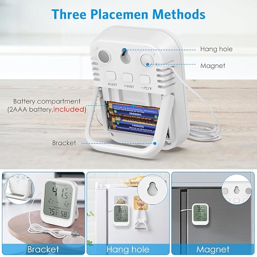 AMIR Digital Fridge Thermometer with Probe, LCD Display, Max/Min Records, Alarm, Digital Thermometer with External Sensor, Magnet, Suction Cup Freezer for Aquarium,Refrigerator,Freeze