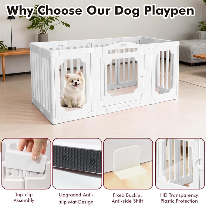 Ancaixin Modern Clear Acrylic Dog PlayPen for Indoors, 25.5Inch Tall & 11-Panel Metal-Free Puppy Playpen for Small and Medium Dogs, Tool-Free Assembly, Easy Assemble Pet Fence with Door Lock (White)