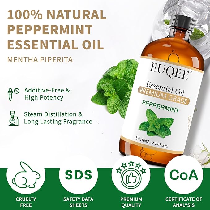 EUQEE Peppermint Essential Oil 118 ml Pure Peppermint Oil with Glass Dropper, Great for Aromatherapy, Diffuser, Soap Candle Making - 4Fl. Oz