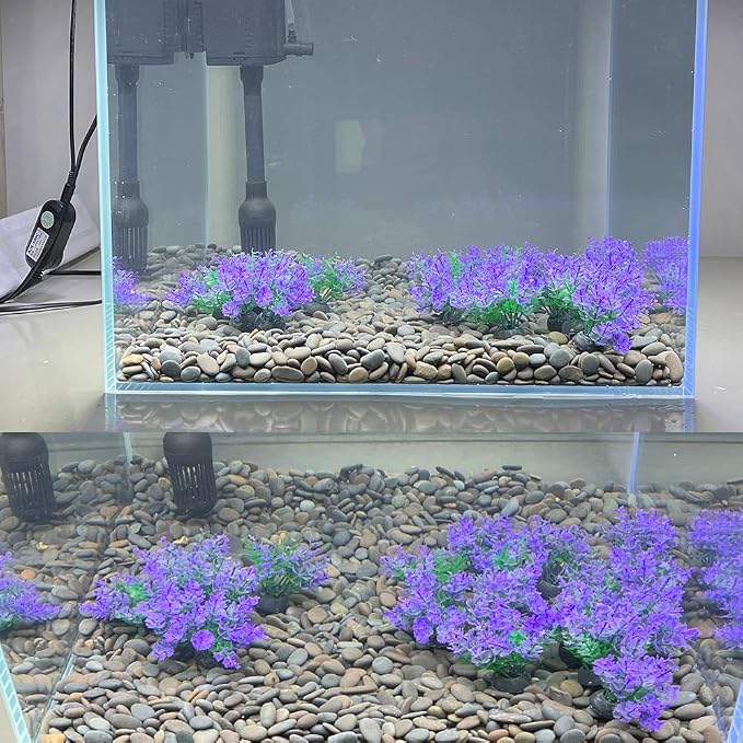 Aquarium Plant Fish Tank Decoration 20 Pieces Small/1" Tall Plastic Artificial Plant Goldfish Hide Mini Grass Set (Purple)