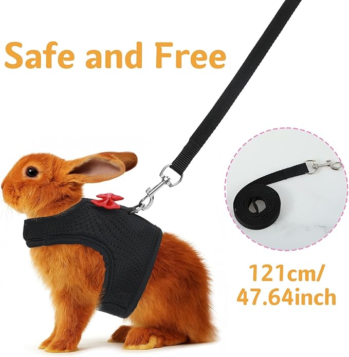 Bunny Harness and Leash Set, Soft Breathable Mesh Rabbit Leash Vest with Safety Buckles, Lightweight Escape-Proof Walking Gear for Rabbits, Kittens, Ferrets, Guinea Pigs, Black M