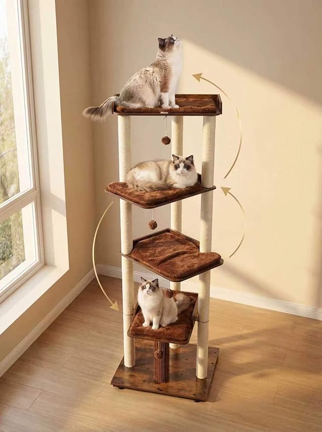 FourFurPets Heavy Duty Cat Tree, 67.7" Cat Tree for Indoor Cats Large Adult, Modern Cat Tower for Large Cats, Cat Tower with Scratching Post, Large Perch and Removable Pads, Rustic Brown