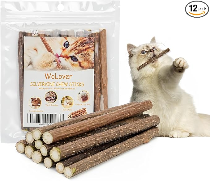 WoLover Silvervine Sticks for Cats, Natural Catnip Matatabi Chew Sticks Teeth Molar Chew Toys for Cat Kitten Kitty (at Least 12 PCS)