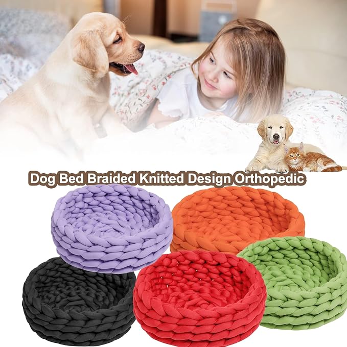 Woven Dog Bed Basket, Knitted Cotton Cat Bed Round Washable Woven Cat Pet Bed Chunky Dog Basket, Orthopedic, Chunky Knit Dog Nest,Dog Bed,Dog Cave,Dog Bedding(Green,21")