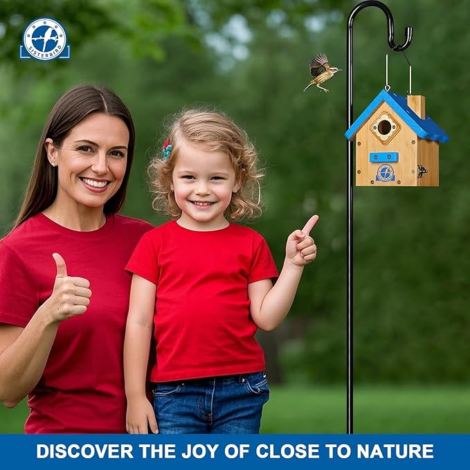 SISTERBIRD Wren Bird House for Outside, Premium Wooden Wren Bird Houses, Hanging Chickadee Bird House, Weatherproof Garden Decor Birdhouses for Outdoors, Blue Color Roof Bird Nesting Titmouse