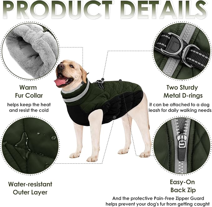 AOFITEE Dog Coat, Warm Dog Jackets for Large Dogs, Reflective Turtleneck Dogs Winter Coat with Harness Built in, Waterproof Windproof Pet Snow Jacket Fleece Vest for Cold Weather, Green XXL