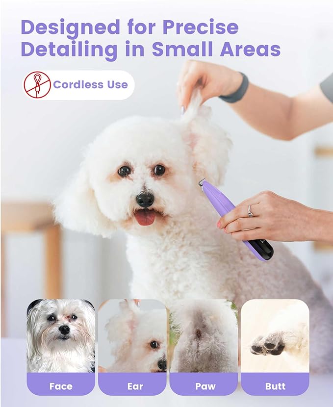 PAPMINI Dog Paw Trimmer with LED Light, 35dB Low Noise Paw Trimmers for Dog's Feet, 2 Speed Safety Electric Dog Clippers for Grooming, Rechargeable Cat Shaver for Paws, Ears, Face, Rump (Purple)