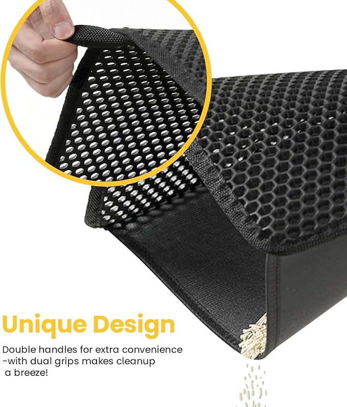 Cat Litter Trapping Mat, 27"x19" Universal Fit Litter Box Floor Mat, Hexagon Grids & Anti-Leak Base, Machine Washable, Non-Slip Kitty Mat for Most Homes, Black