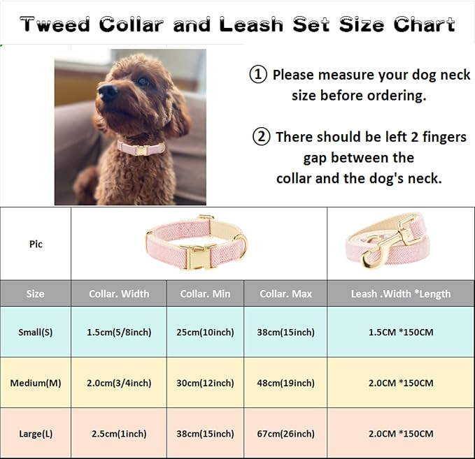 Luxury Soft Cotton Tweed Fabric Dog Collar & Leash Set with Gold Buckle – Durable Fabric, Stylish Design for Everyday Walks(Large Pink)