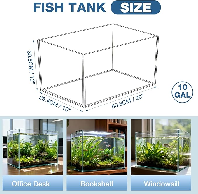 10 Gallon Glass Fish Tank, Nano Aquarium Fish Tank, Rimless Low Iron Aquarium for Betta/Turtle/Goldfish/Snails/Shrimp and Aquatic Planting