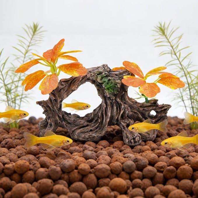 Fish Tank Decoration Aquarium Ornament with Silk Leaf Plants and Artificial Driftwood Cave Hideout Safe for Betta Fish