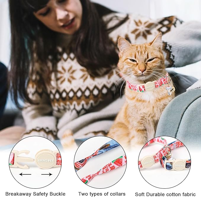 ARING PET 2 Pack Cat Collar-Cute Cotton Summer Watermelon Cat Collar with Bell & Pendant, Adjustable Summer Kitten Collars with Safety Buckle for Girl Pets
