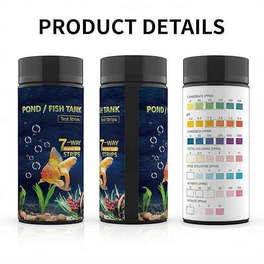 7-in-1 Pond & Fish Tank Test Strips - 50 Count | Fast 30s Water Test Kit for Carbonate, pH, Hardness, Chlorine, Nitrate, Nitrite | Freshwater & Saltwater Aquariums