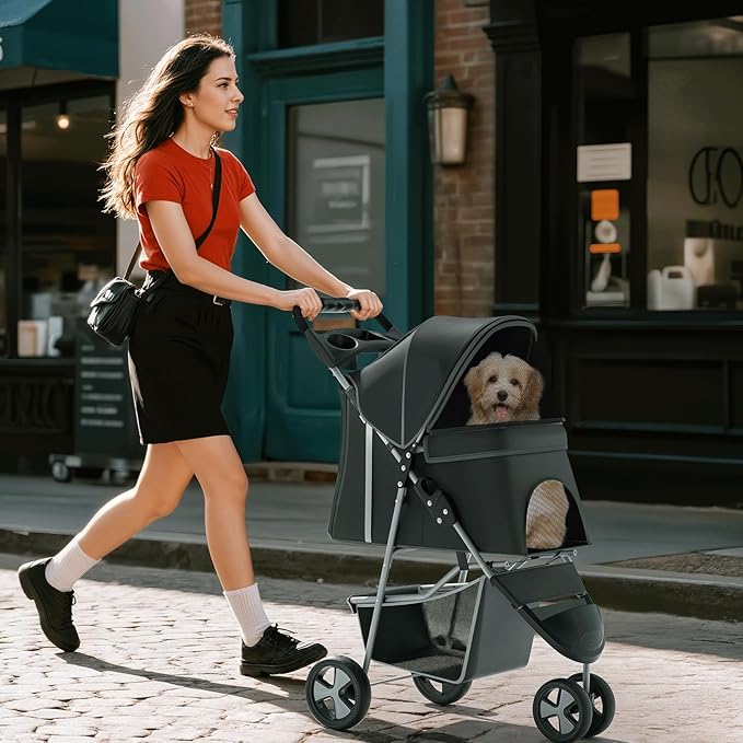 Pet Stroller for Small Dogs 10 lbs, Dog Stroller for Medium Dogs 30 lbs, Cat Strollers for 2 Cats, 3 Wheels Foldable Jogger Puppy Stroller with Storage Basket and Cup Holder, Carbon Black