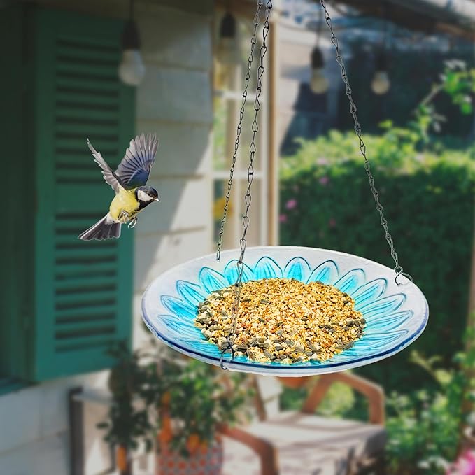 Hanging Bird Baths Outdoor Glass Birdbaths Garden Bird Feeder for Yard Lawn Decor Blue Flower
