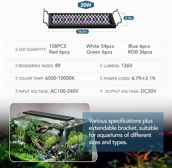 hygger Sun Moon LED Aquarium Light, Full Spectrum Fish Tank Light Day-Night Dual Timer, Adjustable 6 Timer 10 Brightness 8 Colors for Planted Freshwater Tank (20W for 18~24in Long Tank)