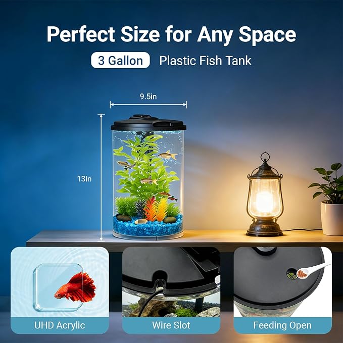 Koller Products 3-Gallon 360 Aquarium with LED Lighting (7 Color Selections) and Power Filter, Impact-Resistant Plastic, Ideal for a Variety of Tropical Fish