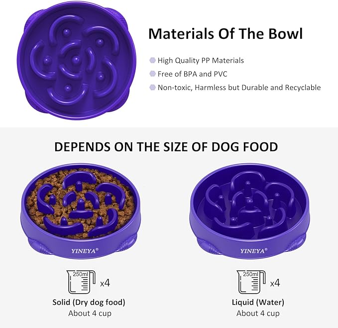 YINEYA 4 Cups Slow Feeder Dog Bowls Large Breed, Anti-Choking Pet Supplies, Maze Dog Food Bowl, Puzzle Feeder That Slow Down Eating 2PCS