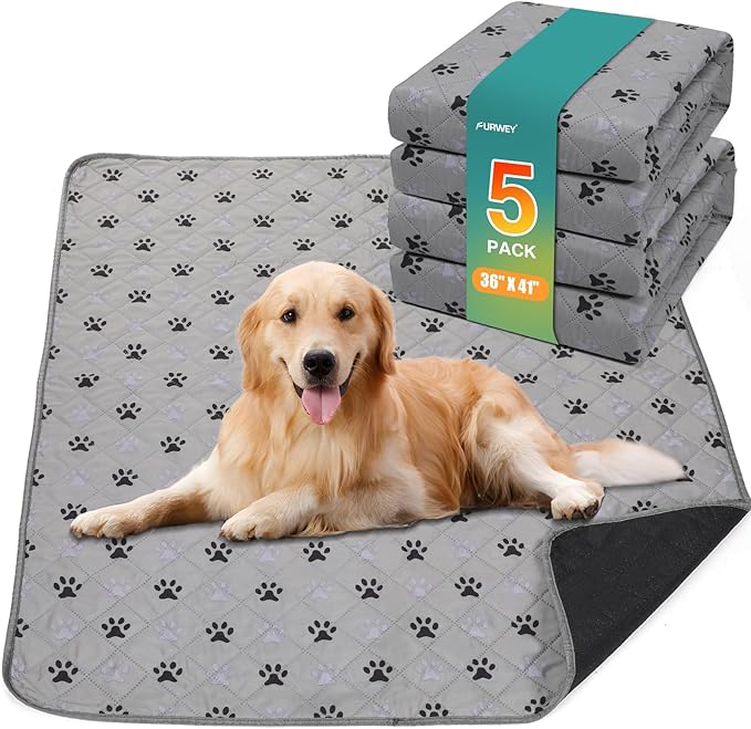 FURWEY 5 Pack Large 36"X41"Washable Pee Pads for Dogs Super Absorbent Dog Training Pads Non-Slip Waterproof Pet Training Pads Mats Whelping Pads for Dogs Cats Puppy