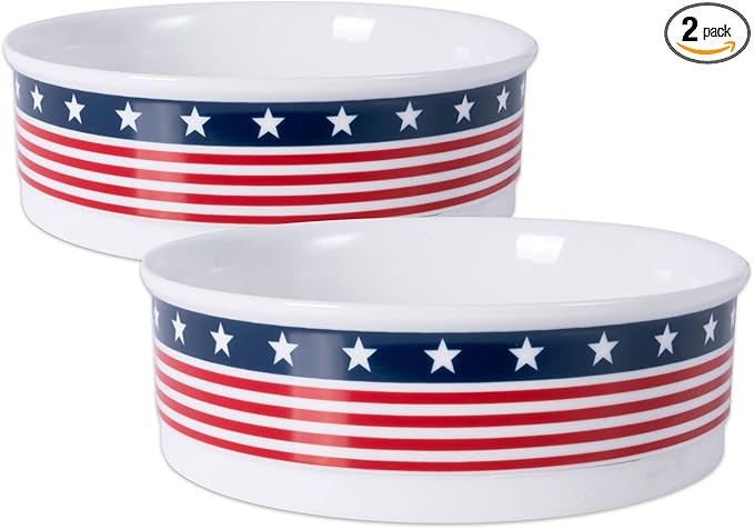 Bone Dry Ceramic Food & Water Bowls for Pets Non-Slip for Secure, Less Messy Feeding, Microwave & Dishwasher Safe, Large Set, 7.5x2.4", Stars and Stripes, 2 Count