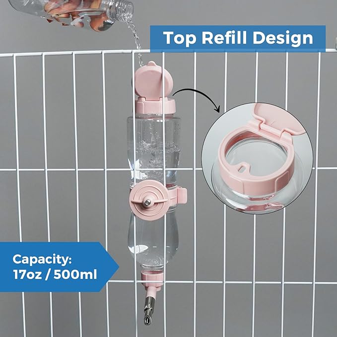 VANNON 17oz Small Animal Water Dispenser for Crate, Parrots Water Bottle for Cage, Chewproof Pet Water Bottle for Rabbits, Guinea Pigs, Ferrets, Chinchillas and Other Small Rodents, Top Fill, Pink
