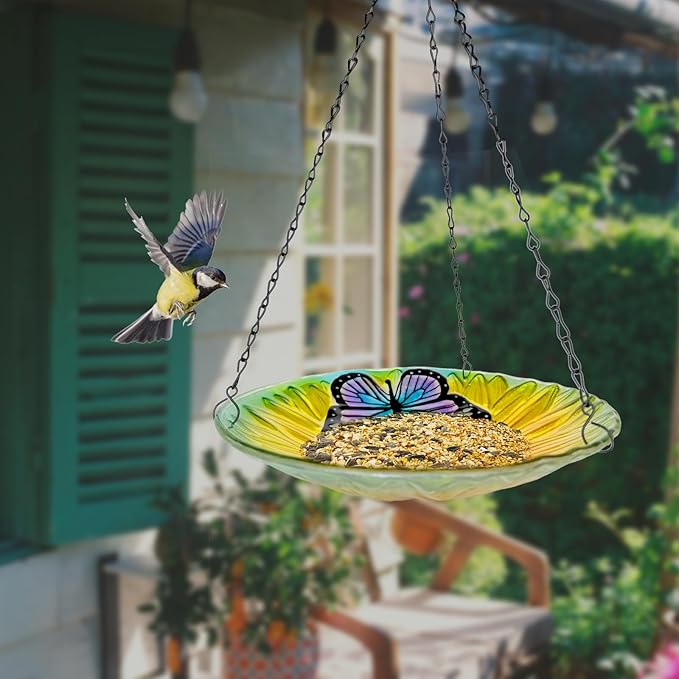 Hanging Bird Baths Outdoor Glass Birdbaths Garden Bird Feeder for Yard Lawn Decor Sunflower