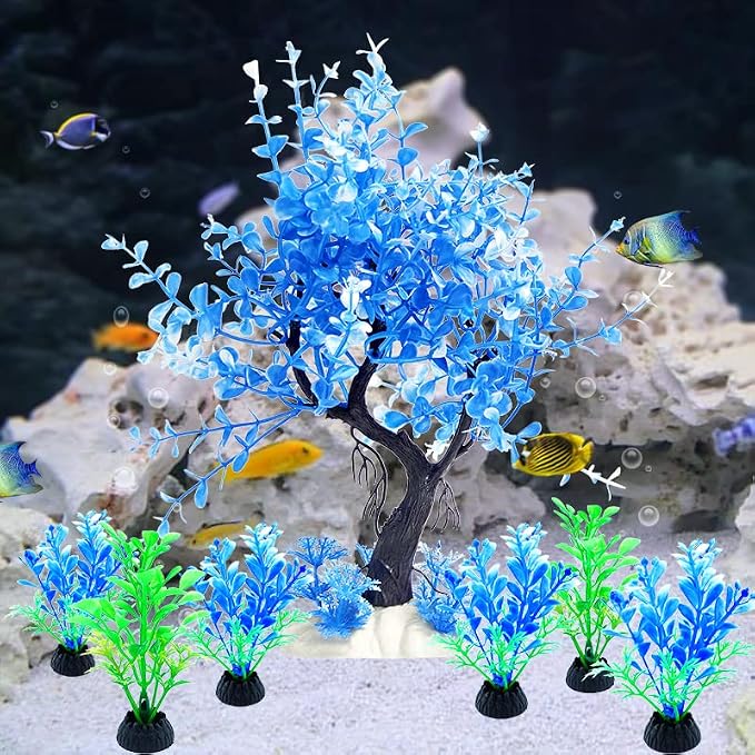 Aquarium Fish Tank Decorations, Blue Plastic Tree with 6 Pack Small Artificial Aquarium Plants Set for Betta Fish Tank Decor