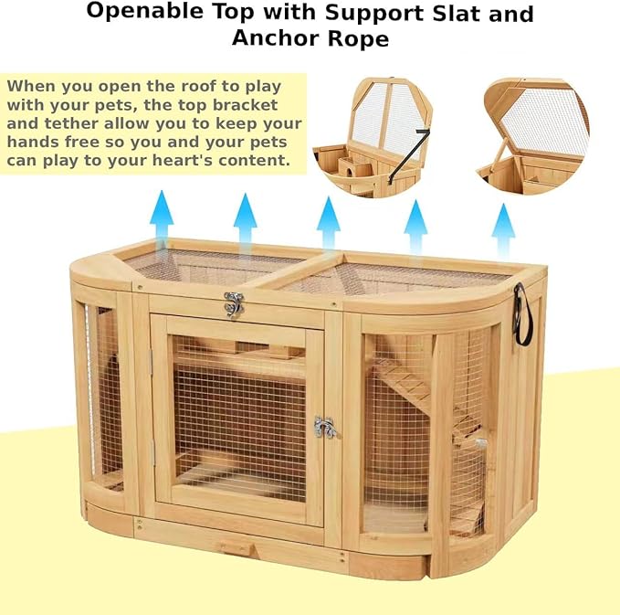 Wooden Hamster Cage 2 Story with Detachable Legs & Pull-Out Tray, Small Animal Habitat with Ramp, Top & Side Ventilation Mesh for Guinea Pigs