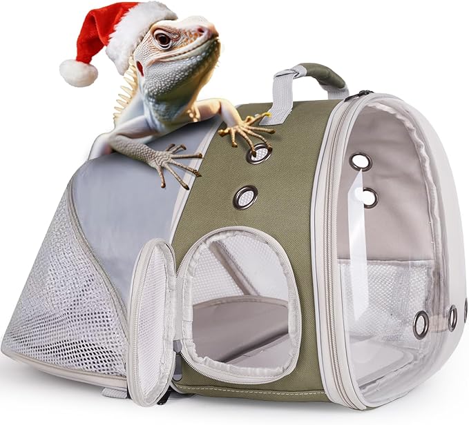 WEVONIGU Expandable Small Animal Backpack Carrier with Clear Bubble Window Large Space Travel Cage for Hedgehog Rat Parrot,Bearded Dragon,Sugar Glider,Airline Approved (Army Green, BE Backpack)