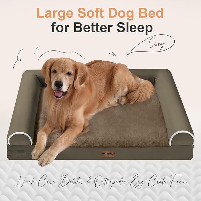 Large Dog Bed Orthopedic Washable: Jumbo Dog Bed Bolster Extra Large Dogs Egg Crate Foam Sofa Couch Waterproof Removable Cover - Brown
