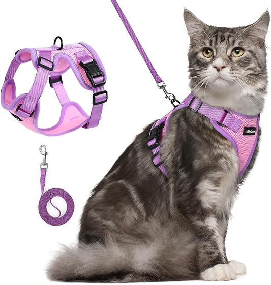 rabbitgoo Cat Harness and Leash Set, Escape Proof Soft Adjustable Vest Harnesses for Outdoor Walking, Easy Control Breathable Kitten Jacket with Reflective Strips, Pink & Purple, M