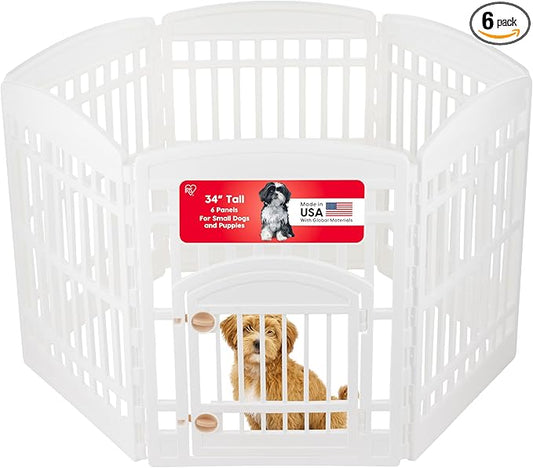 IRIS USA Dog Playpen with Door, 34” 6 Panel Pet Exercise Pen – Indoor Outdoor Puppy Play Pen, Portable Plastic Pet Fence for Small Medium Dogs, Foldable 44” x 63” x 34”, White
