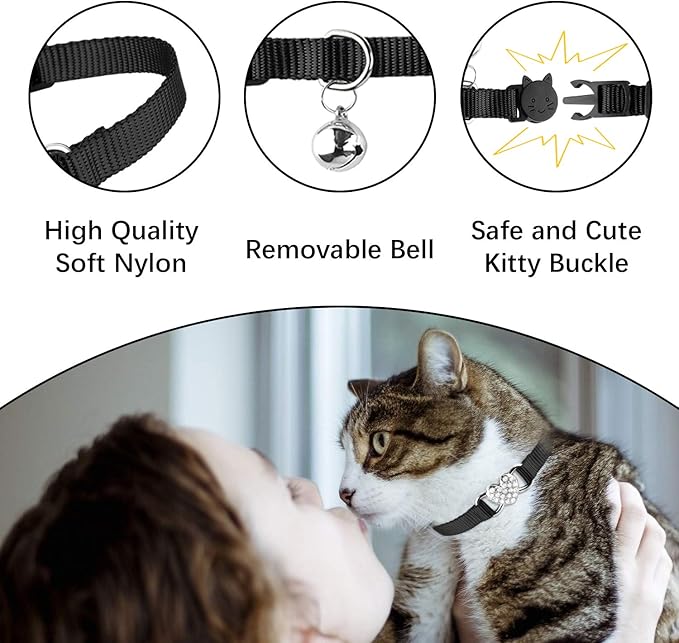 Mtliepte 2 Pcs Cat Collars Heart Bling Breakaway with Bell Nylon Adjustable for Kitty(Black+Pink)