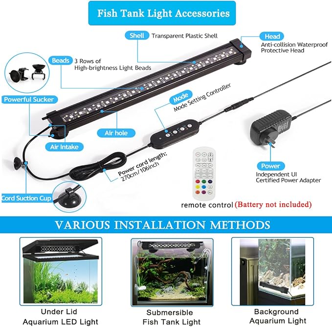 Submersible Aquarium Lights for Fish Tank,24/7 Cycle Fish Tank Light with Timer,Adjustable Brightness,8 Colors,Underwater Full Spectrum LED Aquarium Decor Plant Light,27.5'' for 55gallon Fish