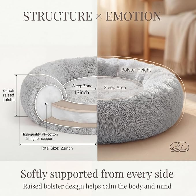 Calming Donut Dogs Beds for Small Dogs Washable,23inch Plush Round Pet Bed for Cozy Sleep,Fluffy Faux Fur Large Cat Bed,Fits up to 25 lbs Pets,Frost Grey