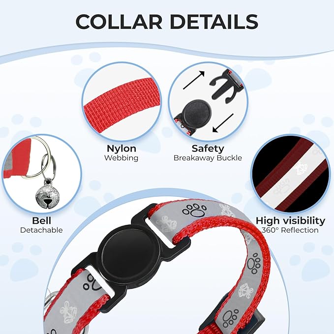 Cat Collar Breakaway, Reflective Kitten Collar with Bell, Safety Buckle Kitten Collar, Lightweight, Adjustable, Comfortable, Suitable for Boy Girl Cats (7"-13") Red