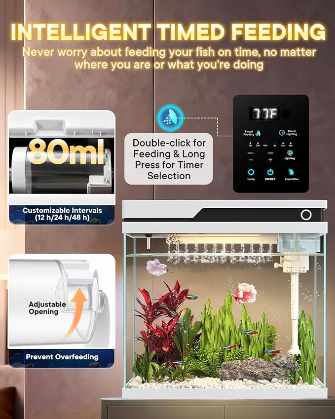 Vehipa Fish Tank, Smart Fish Aquarium Kit 7 Gallon | with Auto Feeder, Humidifier, 4-in-1 Silent Pump, Adjustable Lighting & Temperature Display for Desktop, Office, Room