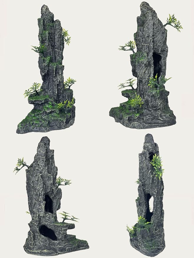 Aquarium Decor - Tall and Large Mountain Rock Ornament for Fish Tank, Aquarium Hideout with Rock Texture for Betta, Guppy, Shrimp - Safe Aquatic Decoration, Fish Hiding House（Black）
