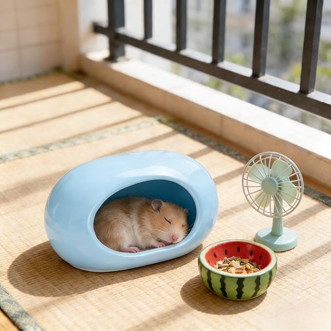 Ceramic Hamster Hideout Large Cool Summer Cute Guinea Pig Bed House for Dwarf Hamsters, Mices, Gerbils and Small Pets (Blue,L)