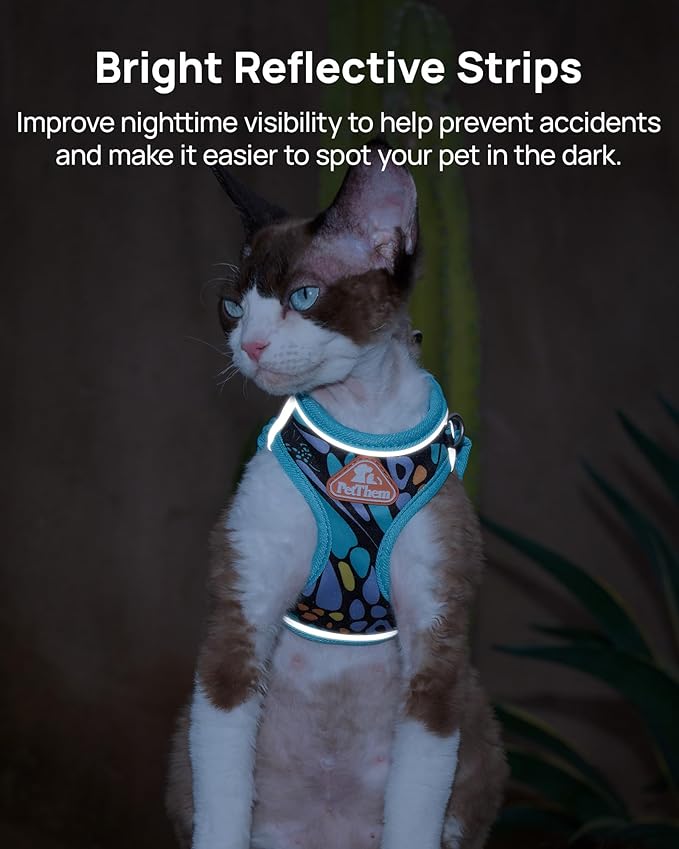 PetThem Upgraded Cat Harness and Leash Set - Step-in Escape Proof Adjustable Cat Harness, Comfortable Soft Lightweight, Reflective Harness for Walking, Travel, Camping (Butterfly Magic, M)
