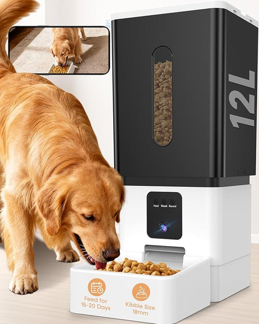 Large Breed Automatic Dog Feeder: 12L/50 Cups with HD 1080P Camera - 5G WiFi Anti-Clog Timed Dog Feeder for Golden Retriever Busy Owners by UTCG