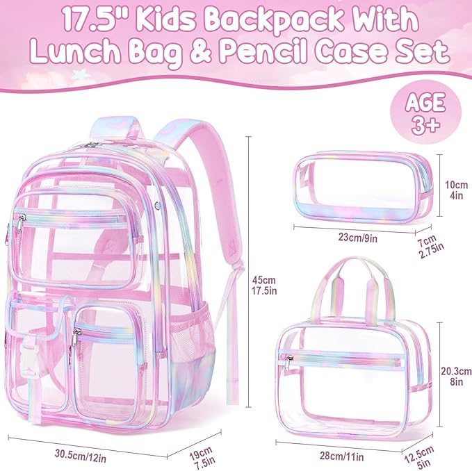Fimibuke Clear Backpack for Girls, 3PCS Heavy Duty PVC Transparent Girls Backpack with Lunch Box & Pencil Case School Stadium Approved Cute Toddler School Bookbag for Preschool Kindergarten Elementary
