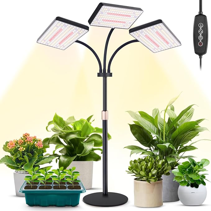 LBW Desk Grow Lights for Indoor Plants, 642 LEDs Full Spectrum Grow Light | 3-Head Tabletop Plant Light, 3/6/12H Auto Timer, 6 Brightness Levels, 3 Lighting Modes, 10-26" Height Adjustable