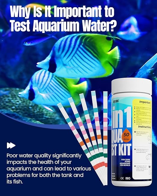 Aquarium Test Strips - 8-in-1 Aquarium Water Test Kit: Fish Tank Testing Kit for Freshwater & Saltwater, 50 Strips,Fast & Accurate Ammonia, pH, Hardness, & More， Lead Water Test Kit for Ponds